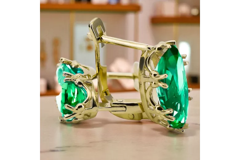 8K žlté zlato 333 Emerald náušnice vec021x-em Russian Soviet USSR Vintage style Art Deco style